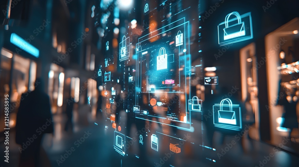 Fototapeta premium Advanced Digital Marketplace with Floating Shopping Icons and Glowing Technological Effects