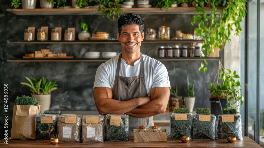 Smiling Small Business Owner in Apron Stands Behind Shelves of Herbs and Spices in Cafe