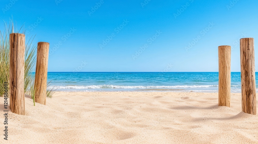 Beach scene with wooden posts emerging from the sand under a clear blue sky and gentle ocean waves