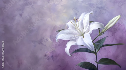 A beautiful white lily flower in full bloom against a textured purple background. The flower is delicate and feminine, with a soft, velvety texture.