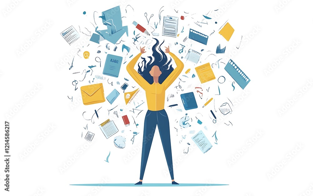 Woman overwhelmed by paperwork, stressed office worker, chaos, abstract background, conceptual illustration, for use in articles, presentations, or digital marketing Woman overwhelmed by paperwork, stressed office worker, chaos, abstract background, conceptual illustration, for use in articles, presentations, or digital marketing