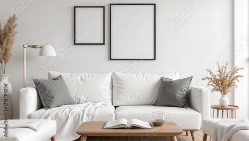 A cozy scene featuring an eye-level shot of a pristine white leather couch adorned with soft gray pillows, draped in a crisp white blanket across the left armrest. Completing the inviting look is a sl photo