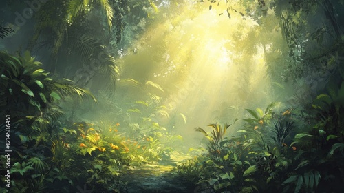 Wallpaper Mural Mist-filled rainforest glowing with sunlight breaking through the foliage, vibrant greens in perfect harmony Torontodigital.ca