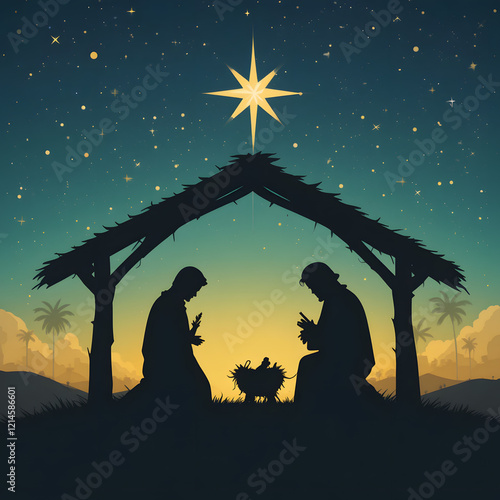 The Nativity. Silhouette of the Holy Family in the stable during the starry night. Digital illustration.
