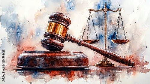 Watercolor painting of gavel and scales of justice.
