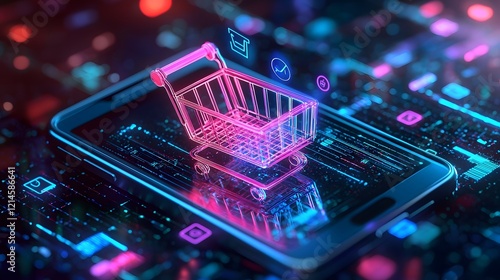 Futuristic Digital Shopping Experience with Holographic Cart and Neon Icons on Smartphone