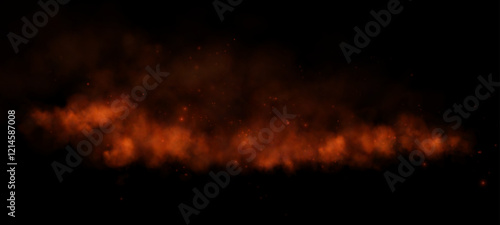 A horizontal trail of orange mist and glowing embers drifts across a dark background, evoking a fiery, dynamic, and atmospheric effect.