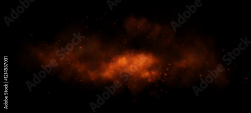 An intense orange mist illuminated by fiery sparks, floating on a dark backdrop, evoking a sense of heat, energy, and cosmic mystery.