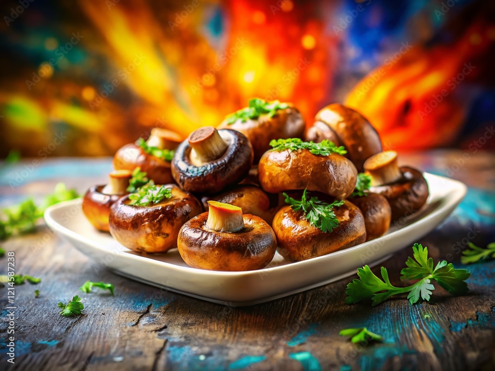 Roasted Mushrooms on White Platter - Colorful Abstract Background - Gourmet Food Photography Roasted Mushrooms on White Platter - Colorful Abstract Background - Gourmet Food Photography