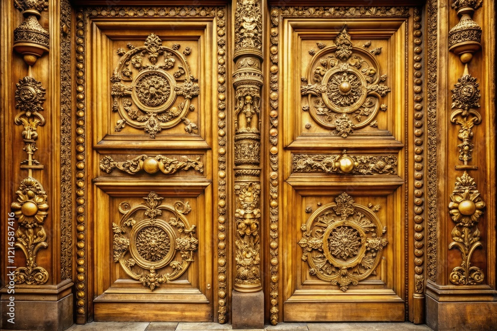 An ornate, antique-style door with a golden finish and intricate carvings, furniture, architecture, vintage, decoration, antique An ornate, antique-style door with a golden finish and intricate carvings, furniture, architecture, vintage, decoration, antique
