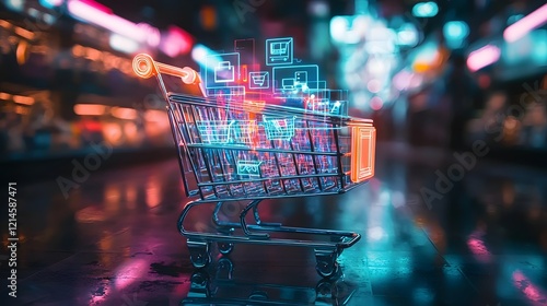 Futuristic Neon-Lit Shopping Cart with Holographic Retail Icons