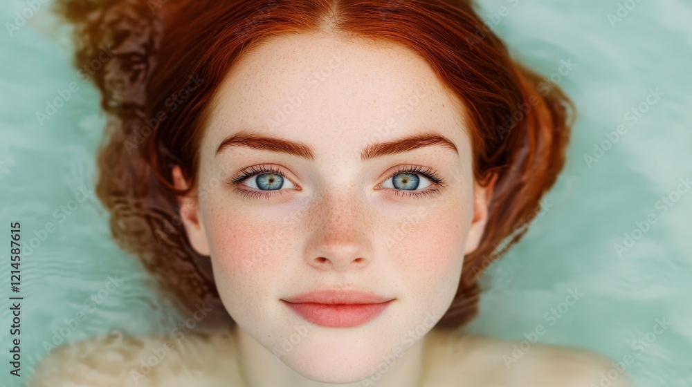 Redhead Underwater Serenity: A young woman with vibrant red hair and striking blue eyes gazes serenely upward from beneath the surface of the water, creating an ethereal and captivating image. Redhead Underwater Serenity: A young woman with vibrant red hair and striking blue eyes gazes serenely upward from beneath the surface of the water, creating an ethereal and captivating image.