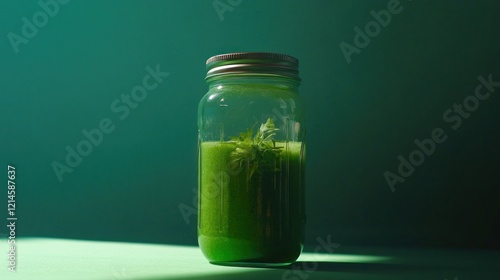 A mason jar filled with a vibrant green liquid and a small plant sits against a dark green background photo