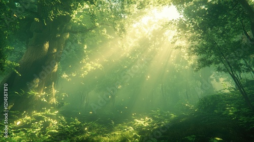 Wallpaper Mural A dense rainforest illuminated by golden sunbeams filtering through the trees, lush greenery glowing beautifully Torontodigital.ca