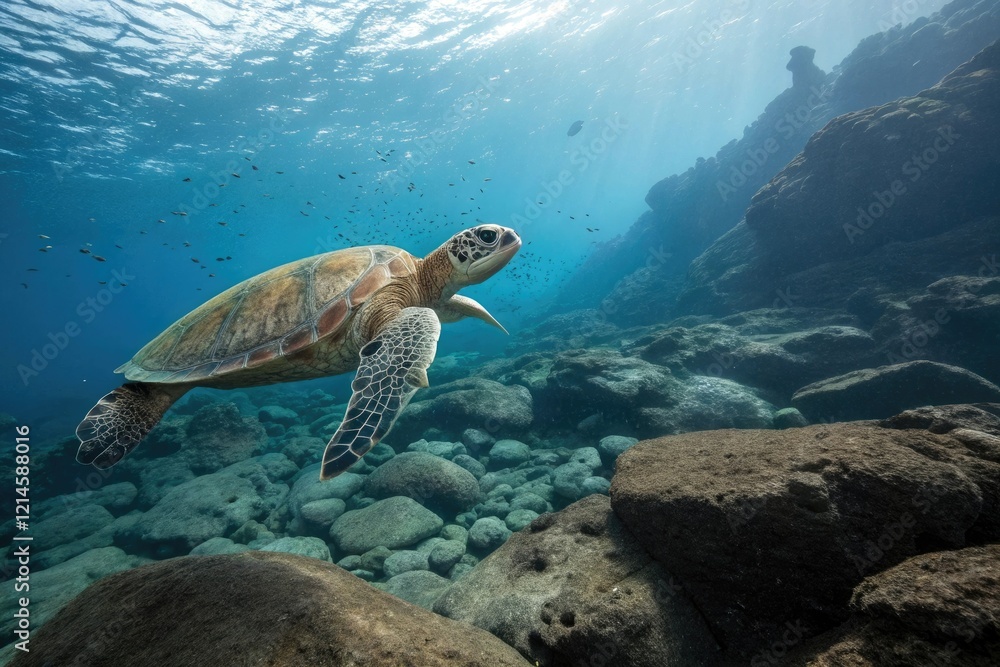 Obraz premium Ancient sea turtle species megalochelys in a rocky sea, ancient wildlife, coastal geology, marine paleontology, ancient turtles