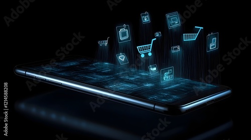 Sleek Smartphone Projecting Vibrant Holographic Shopping Cart Icons in Minimal Dark Setting photo