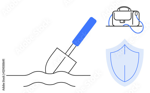 Gardening trowel digging into soil, a shield symbol representing protection, and a saddlebag indicating preparedness. Ideal for gardening, security, preparedness, insurance, agricultural products