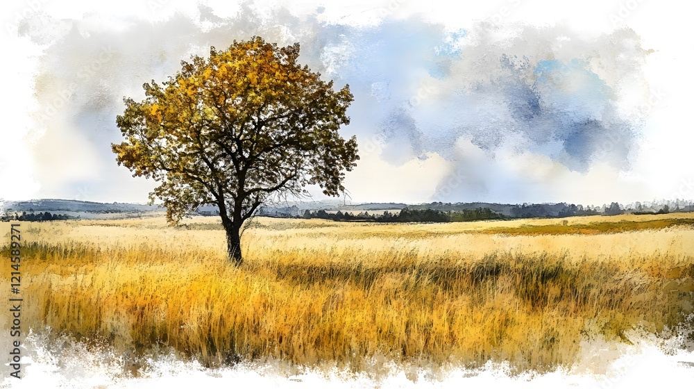Fototapeta premium Autumn Tree in Golden Field Watercolor Landscape Painting