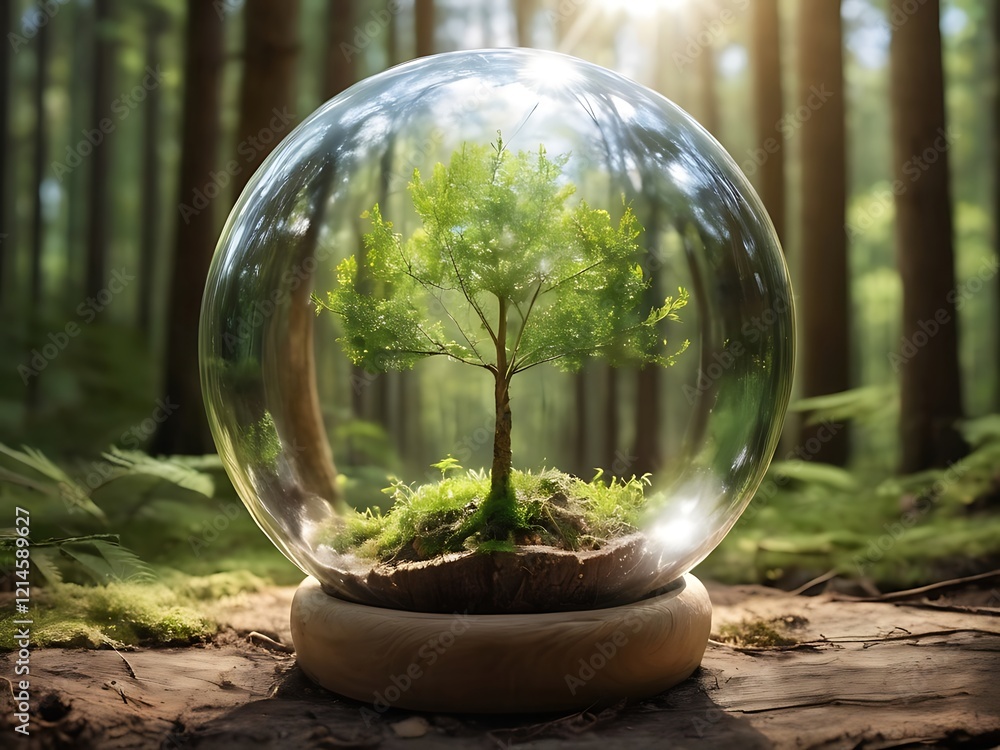 Nature, a tree growing in a glass sphere on a sunny day in the forest outside. Eco idea, saving the globe Nature, a tree growing in a glass sphere on a sunny day in the forest outside. Eco idea, saving the globe