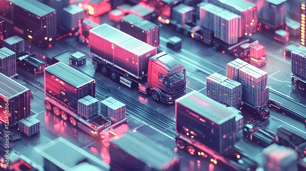 Vibrant Digitalized Logistics Hub with Cargo Trucks Loading and Unloading Packages Vibrant Digitalized Logistics Hub with Cargo Trucks Loading and Unloading Packages