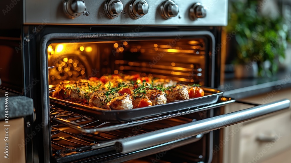 Roasted Chicken and Tomatoes Baking in a Modern Oven Roasted Chicken and Tomatoes Baking in a Modern Oven