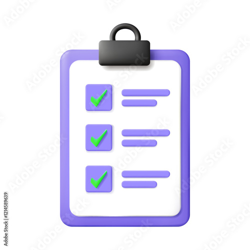 3D vector render illustration of a clipboard icon with a minimalist checklist. with a green check mark It refers to task management, planning, and tracking success. isolated on white background