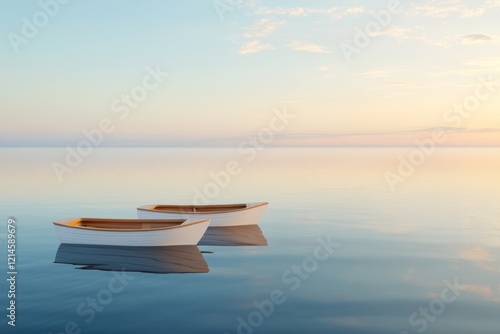 Serene boats floating on calm water at sunset. photo