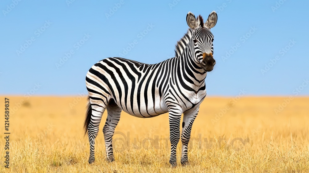 Naklejka premium Zebra standing in a field of tall grass with clear blue sky in the background during daylight hours