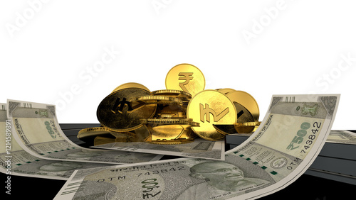 Golden Indian rupee sign and Indian currency coin isolated on 3d render. bearish and bullish golden arrow stock market background.	