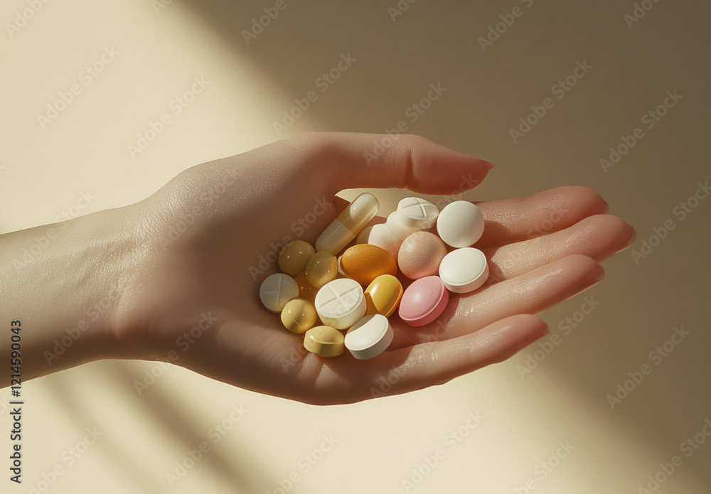 A hand holding various pills and tablets, taking medications for their health supplements