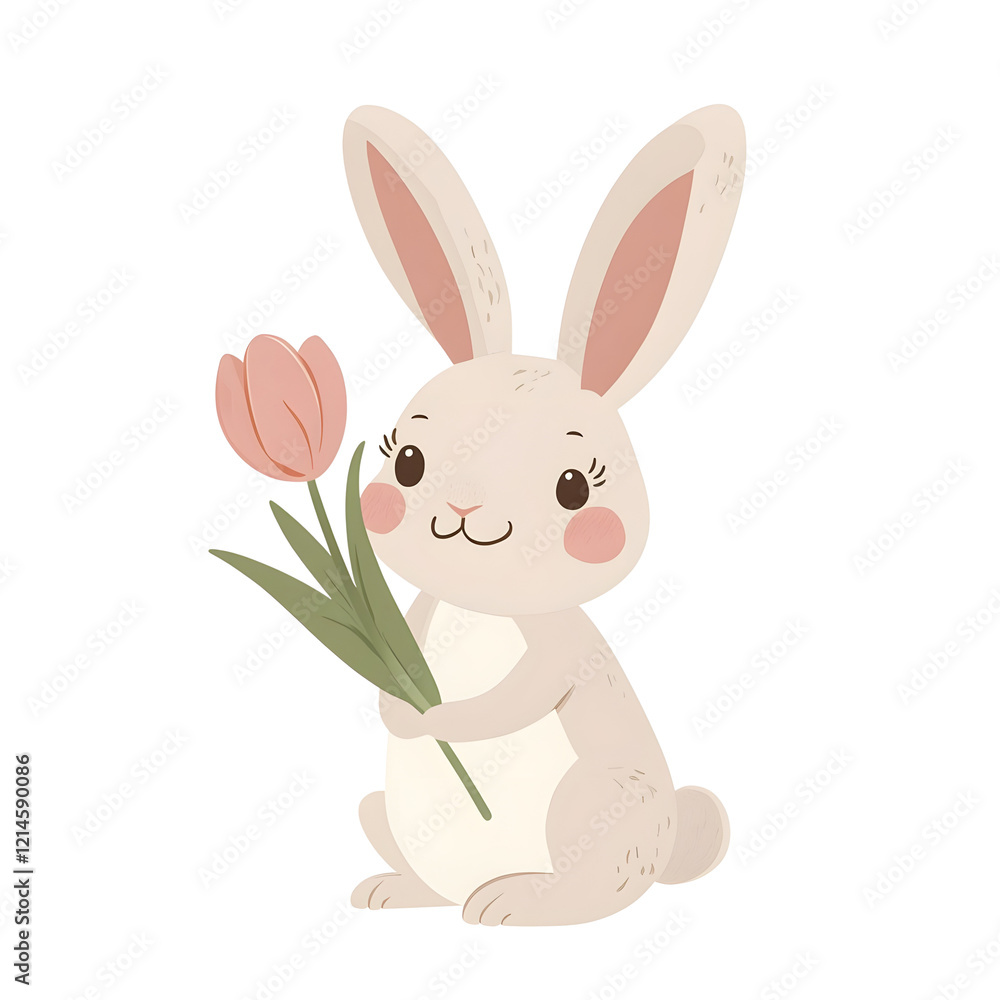 Fototapeta premium Adorable watercolor bunny illustration featuring a cute rabbit in a pastel dress, holding a tulip, perfect for Easter, nursery decor, greeting cards, kids' projects, invitations, spring-themed