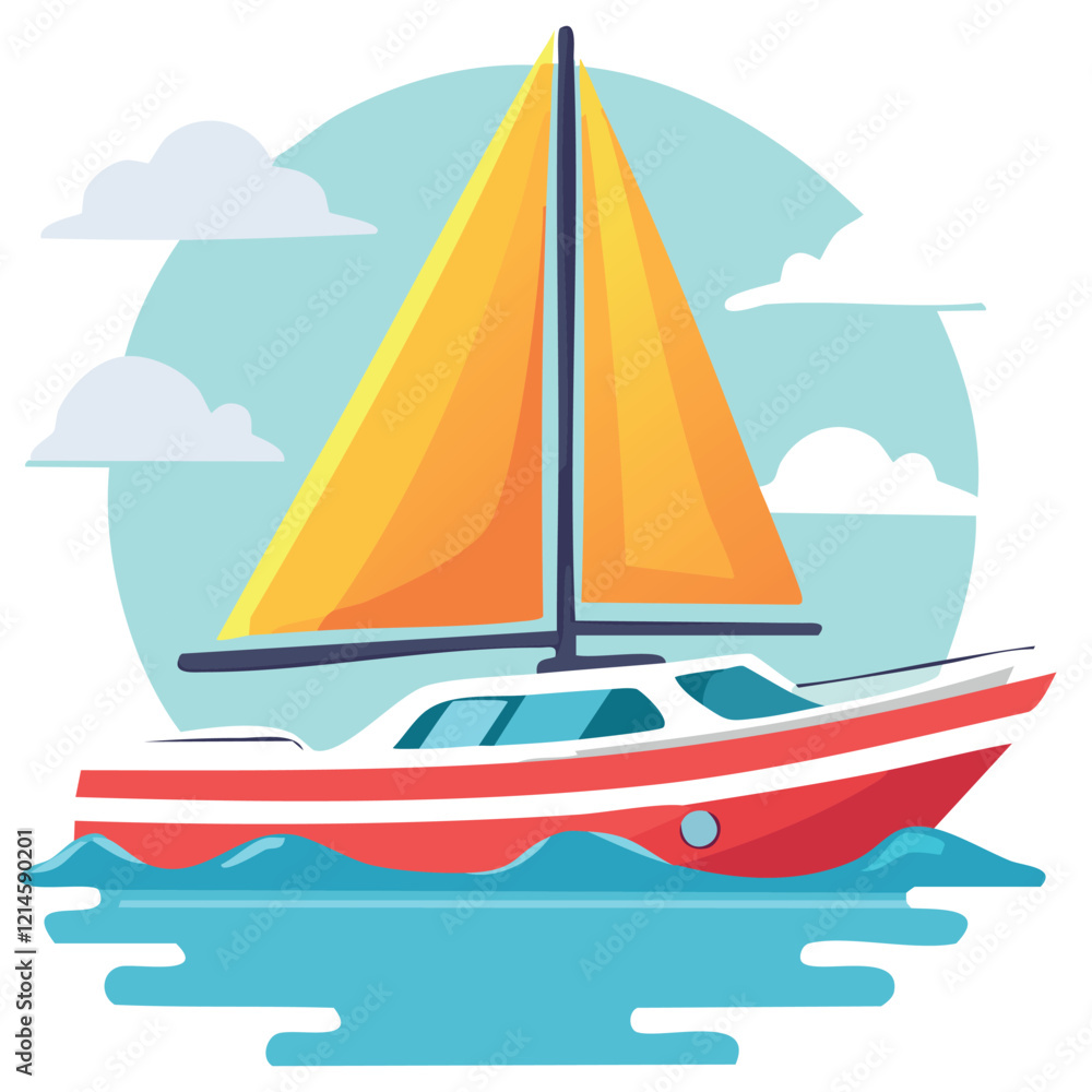 Naklejka premium Yacht in flat style isolated on white background. Vector illustration. Perfect for invitations, greeting cards, postcard, print, fashion design, t-shirts, mugs, backpacks