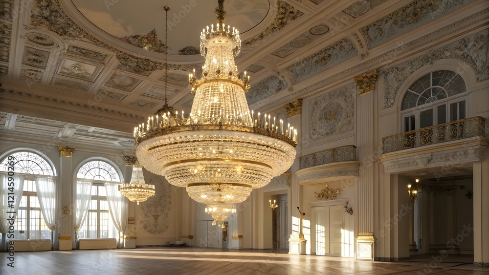 Fototapeta premium Exquisite Crystal Chandelier in Elegant Ballroom Interior Design