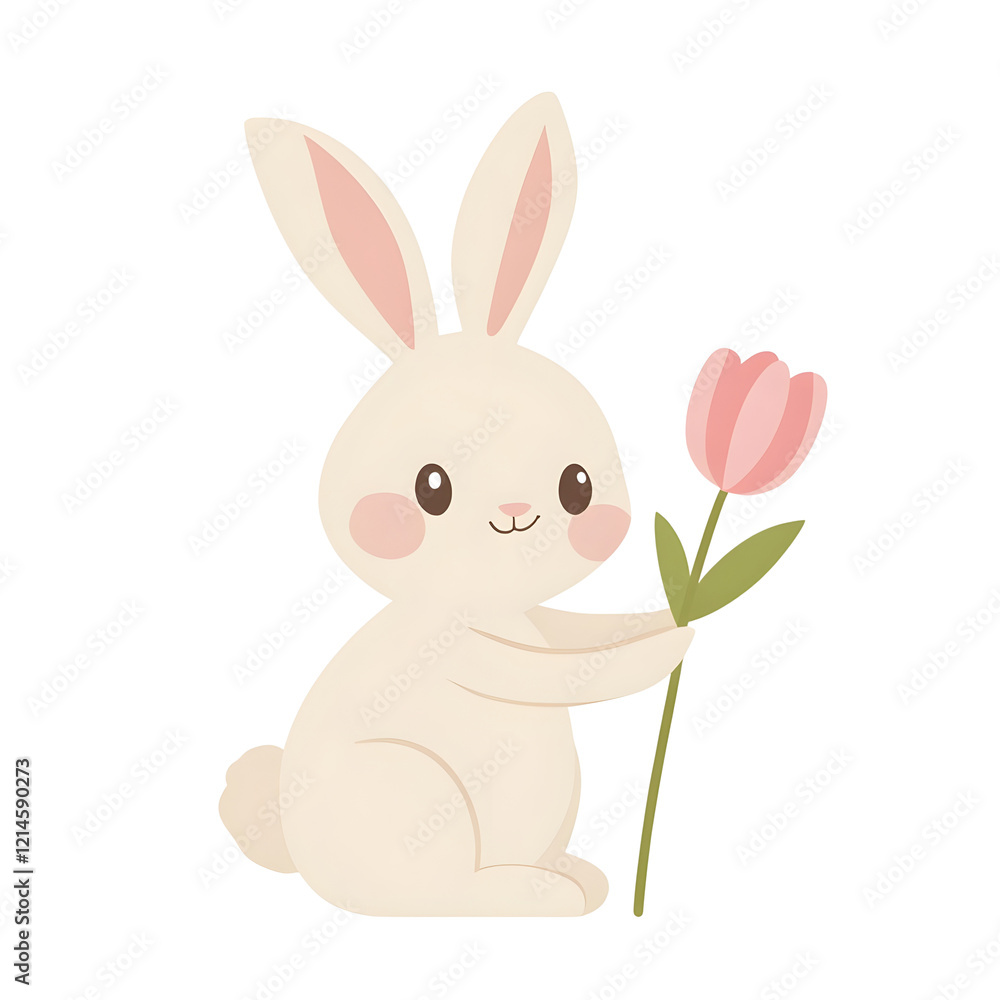 Fototapeta premium Adorable watercolor bunny illustration featuring a cute rabbit in a pastel dress, holding a tulip, perfect for Easter, nursery decor, greeting cards, kids' projects, invitations, spring-themed
