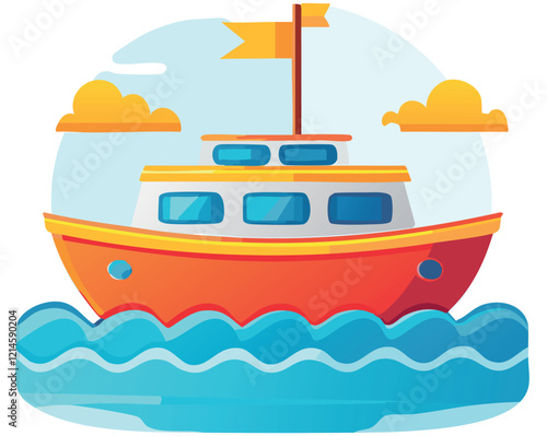 Cute Ship in cartoon flat style isolated on white background. Vector illustration. Perfect for invitations, greeting cards, postcard, print, fashion kids design, t-shirts, mugs, backpacks