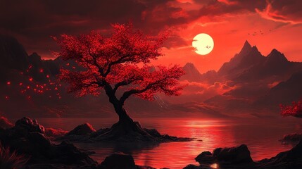 Crédence de cuisine Bordeaux A mesmerizing red landscape with a tree against a moonlit sky and mountains  © Alfan Mask