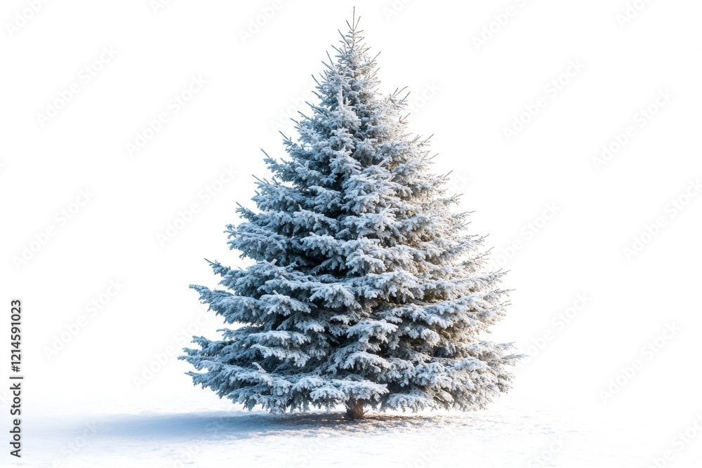 Fototapeta premium Majestic snow-covered pine tree against a bright white background