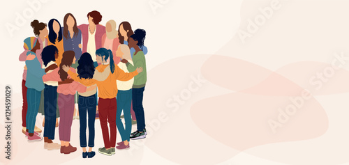 Group of multicultural women embracing in a circle. Diversity - inclusion - equality - girl power or empowerment concept.  International women s day