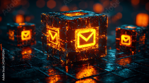 Glowing email symbol embedded in futuristic, dark, cubeshaped structures.  Cyberpunk aesthetic, perfect for tech, communication, or network concepts. Ideal for websites, presentations, or digital art. photo