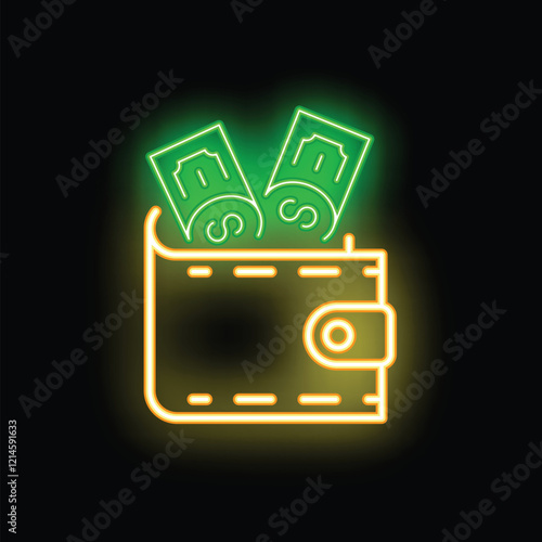 Neon icon of a wallet with dollar bills protruding from the top, glowing on a dark background