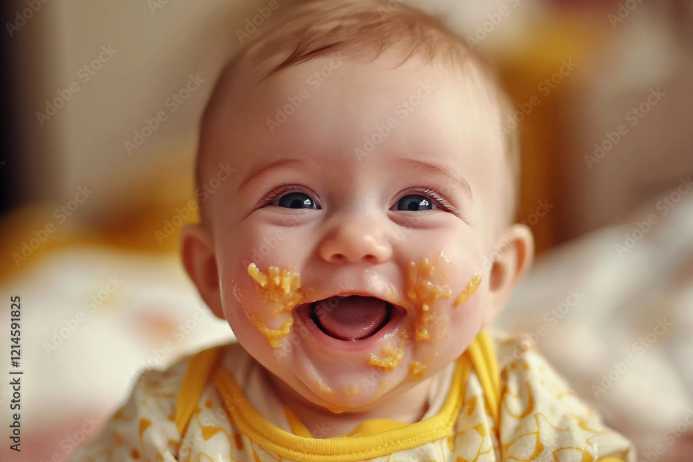 Generative AI image of a cute baby eating food in a highchair with a messy and funny expression Generative AI image of a cute baby eating food in a highchair with a messy and funny expression