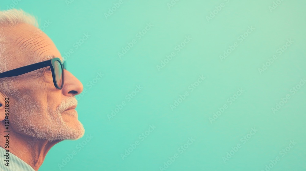Profile of a thoughtful senior man looking to the right against a teal background. Profile of a thoughtful senior man looking to the right against a teal background.