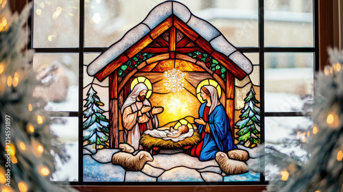 A stained glass depiction of the Nativity scene, featuring Mary, Joseph, and baby Jesus in a serene winter setting.