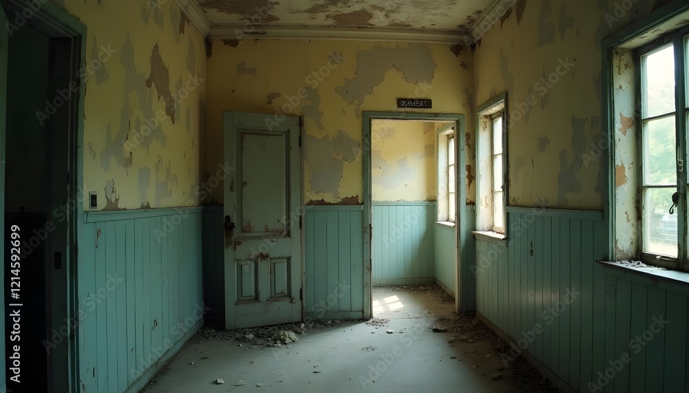 Abandoned Room Teal Walls Decaying Paint old worn door aged Abandoned Room Teal Walls Decaying Paint old worn door aged