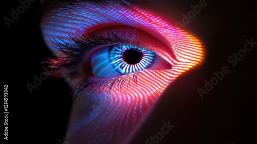 Digital Iris: A Close-Up of a Human Eye Illuminated by Vibrant, Abstract Patterns