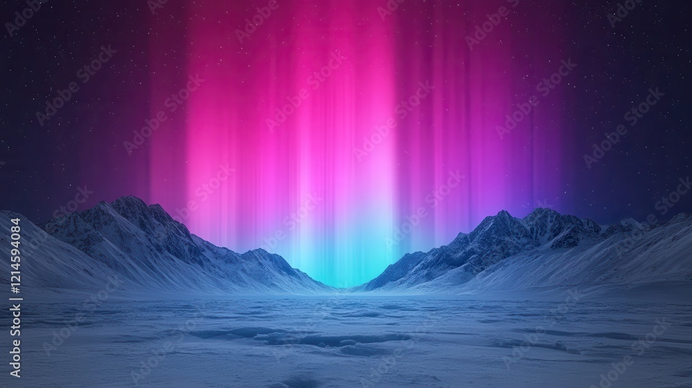 Fototapeta premium A spectacular aurora borealis display of colors . Vibrant aurora lights over a snowy mountain landscape at night.