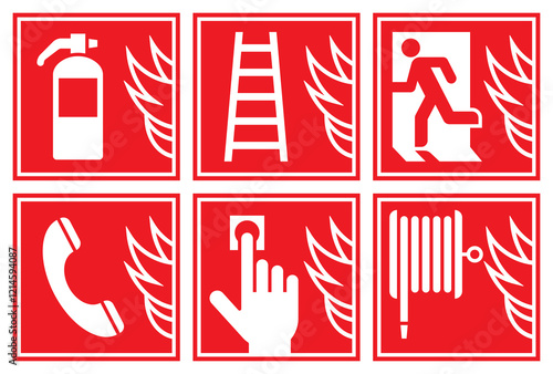 Fire action sign set. Safety warning fire department icons. Fire safety labels