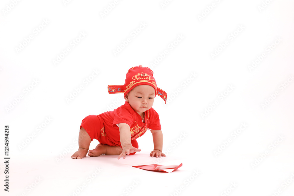 Happy Chinese New Year. Children in red clothes with envelopes on white background. Happy Chinese New Year. Children in red clothes with envelopes on white background.