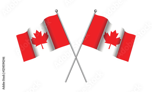 National flag of Canada crossed in the original size and proportion on the sticks isolated. Waving flag of canada flagpole.