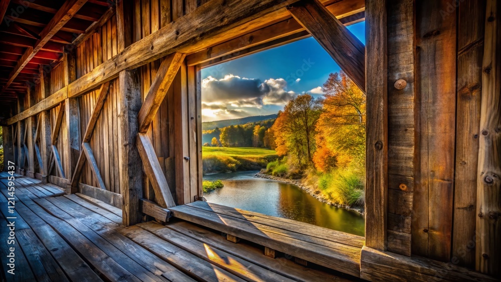 Fototapeta premium Rustic Covered Bridge Window View - Historic Architecture Photography